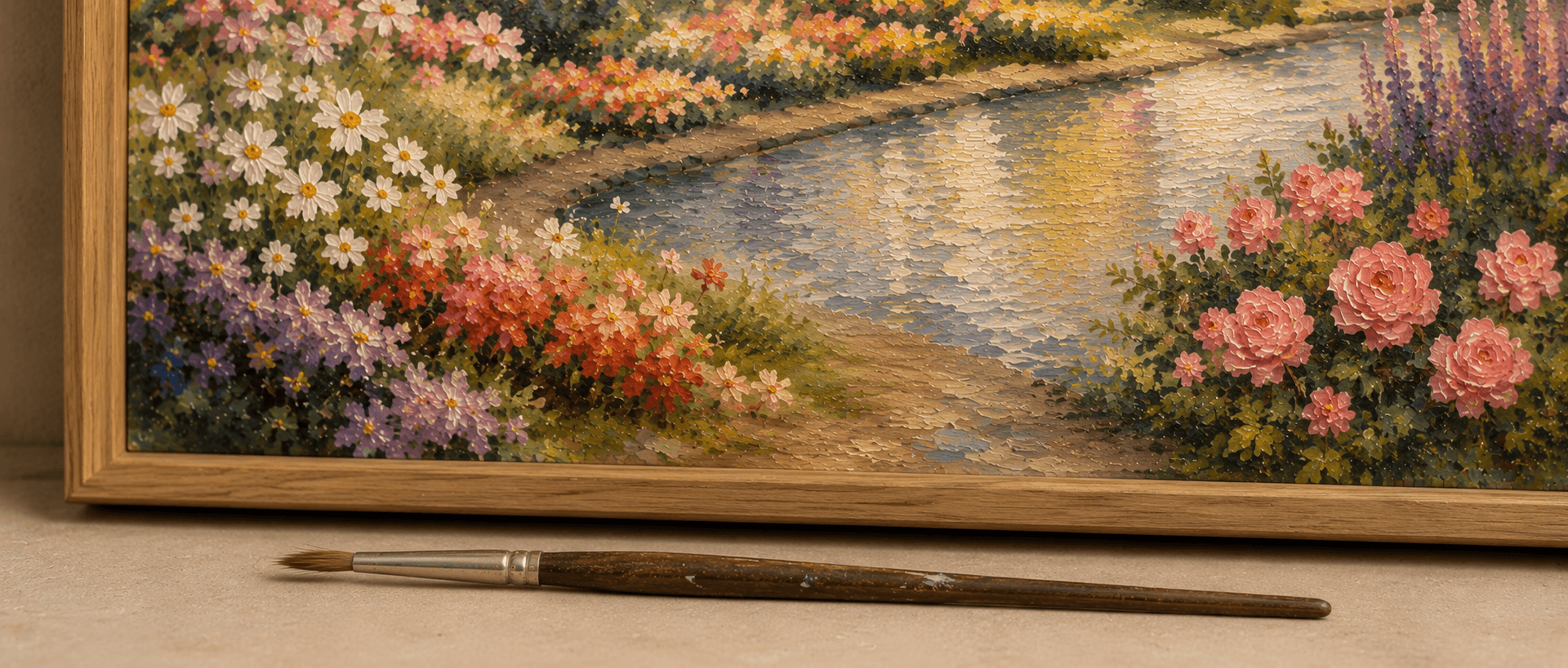 Detail of a floral painting beside a paintbrush